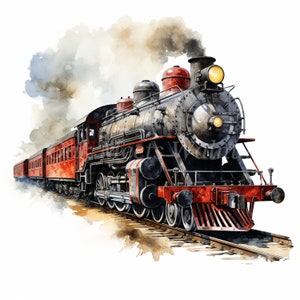 Paquete de imágenes prediseñadas de trenes de vapor: 10 archivos JPG de acuarela de alta calidad, gráficos para álbumes de recortes, sublimación, imprimibles, descarga digital, manualidades de papel