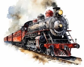 Watercolor Steam Train Clipart – Vintage Railroad Graphics (Digital Download)
