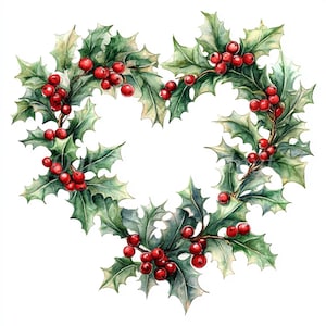 Pacote de clipart de azevinho de Natal em forma de coração - 10 JPGs de aquarela de alta qualidade, artesanato em papel, cartão de download digital, álbum de recortes, diário de lixo