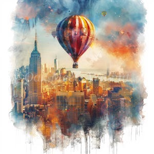 Hot Air Balloon Clipart Bundle: Watercolor Cityscape (Digital Download)