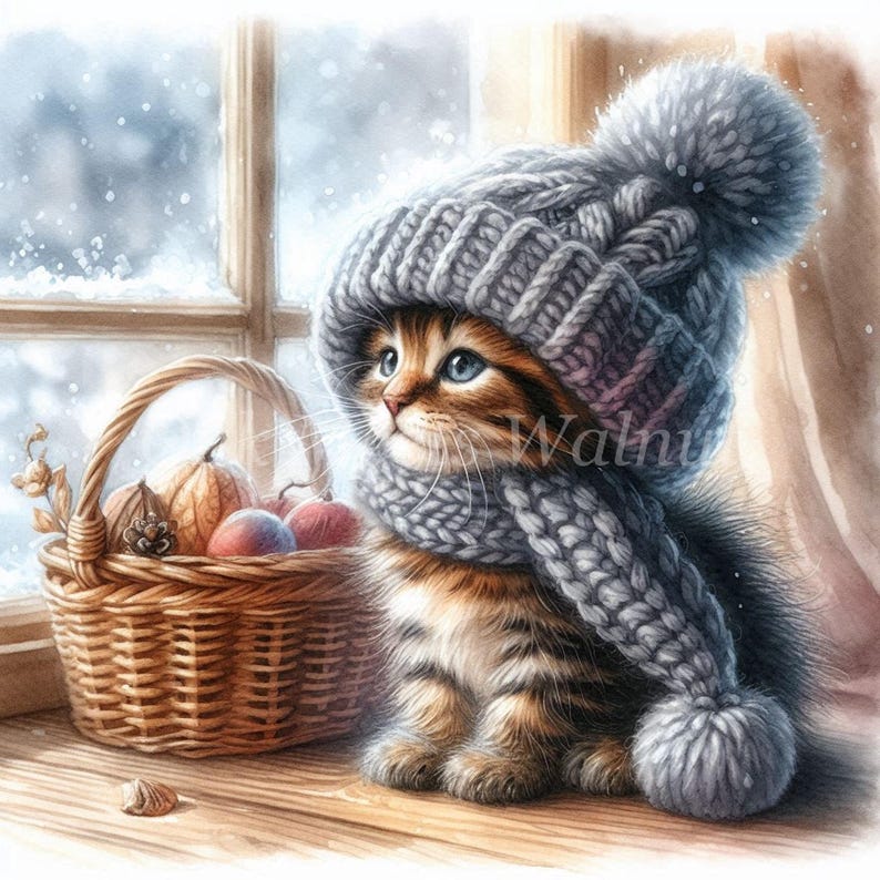 Kitten Watercolor Clipart Bundle – Winter Knit Hat, Scrapbook (digital ...