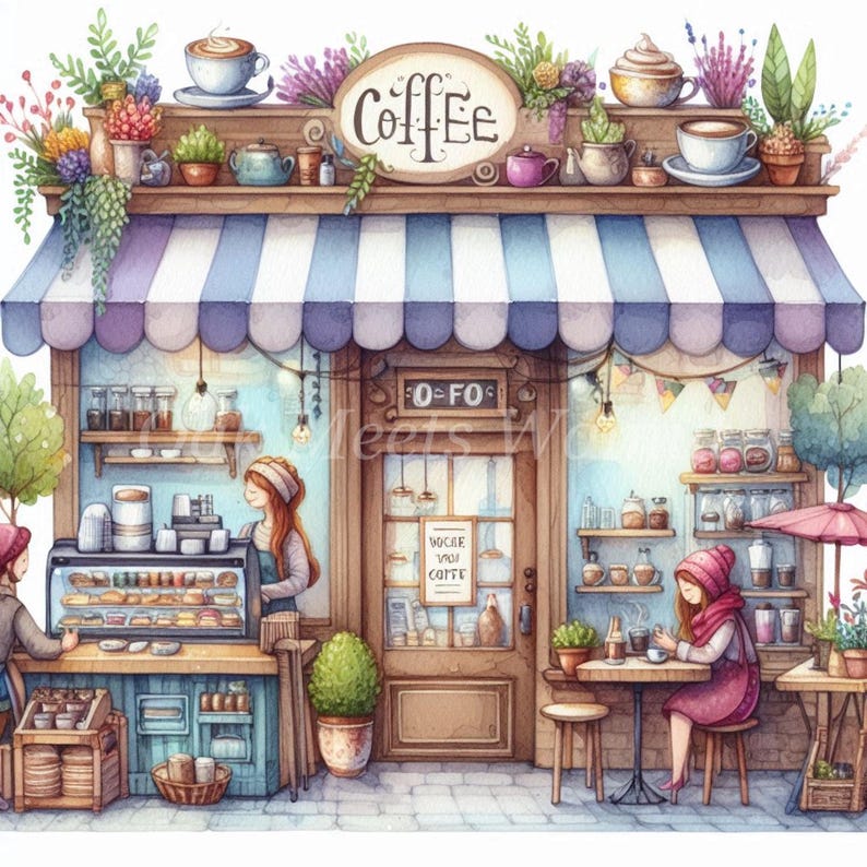 Watercolor Coffee Shop Clipart – Printable Cafe Illustrations (digital ...