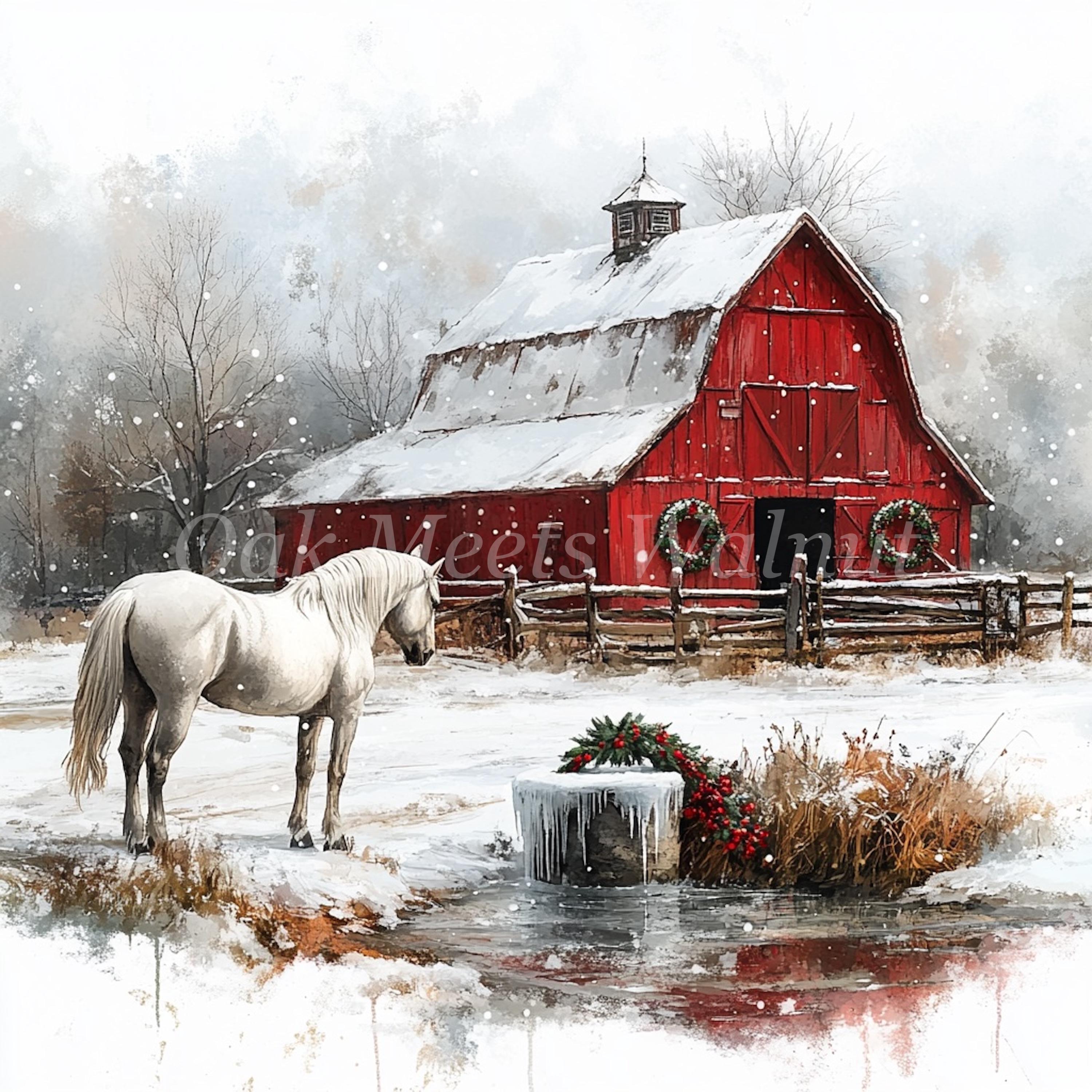 Watercolor Winter Barn Horse Clipart: Holiday JPG Bundle (digital ...