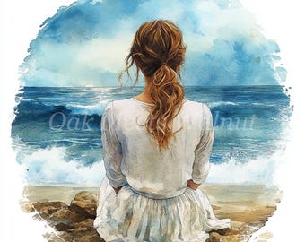 海の女性の水彩画クリップアートバンドル（デジタルダウンロード