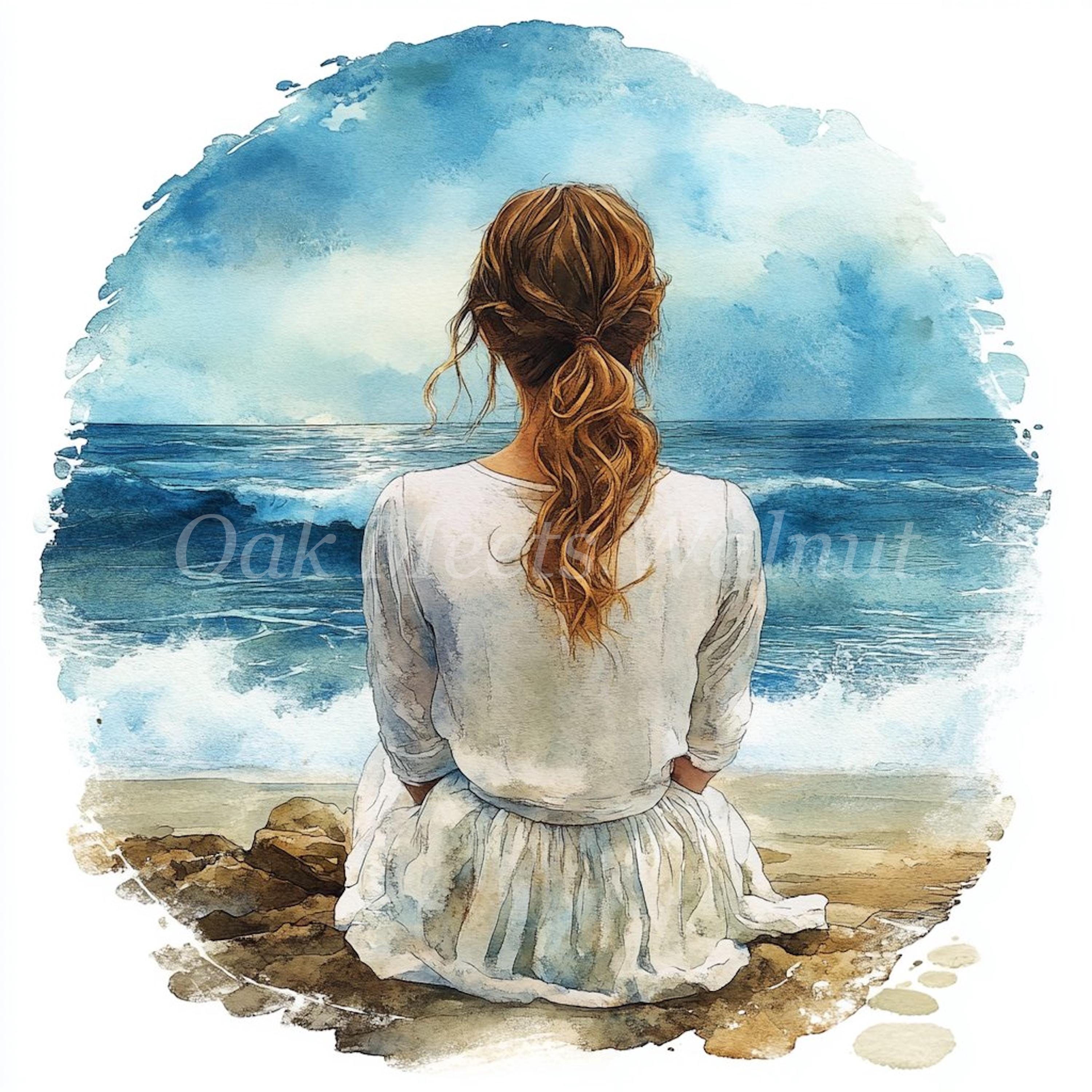 海の女性の水彩画クリップアートバンドル（デジタルダウンロード