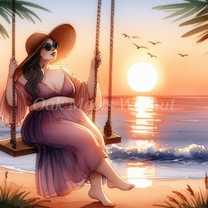 Pacchetto di clipart di donna formosa su altalena in spiaggia 10 JPG ad alta risoluzione ad acquerello per diario spazzatura, scrapbooking, download digitale, creazione di biglietti