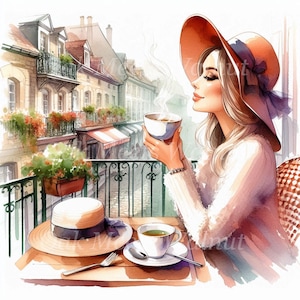 &quot;Aquarell &quot;&quot;Kaffee Cafe&quot;&quot; Clipart: Frau trinkt Kaffee (Digitaler Download, kommerzielle Nutzung JPGs 30x30cm)&quot;