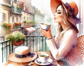 Watercolor Coffee Cafe Clipart: Woman Drinking Coffee (Digital Download, Commercial Use JPGs 12x12")