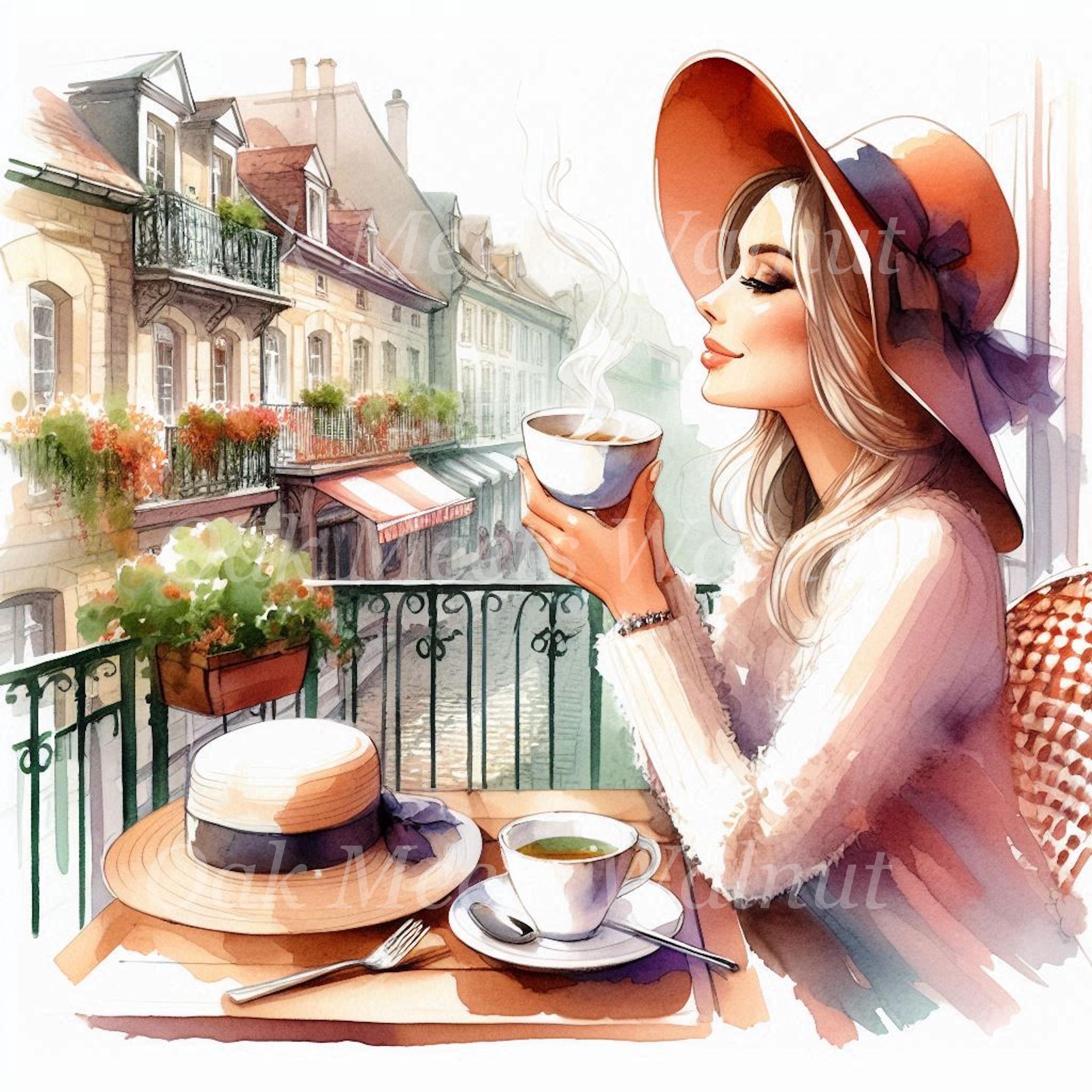 水彩画のコーヒーカフェクリップアート：コーヒーを飲む女性（デジタル 