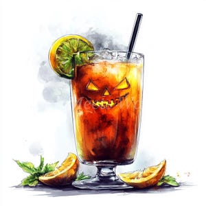 May include: A Halloween-themed cocktail with a jack-o'-lantern face carved into the ice. The drink is garnished with orange slices and a lime wedge.