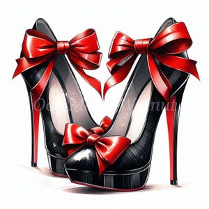 Könnte beinhalten: Ein Paar schwarze High-Heel-Schuhe mit roten Schleifen. Die Schuhe haben eine Plateau-Sohle und eine spitze Zehenpartie.