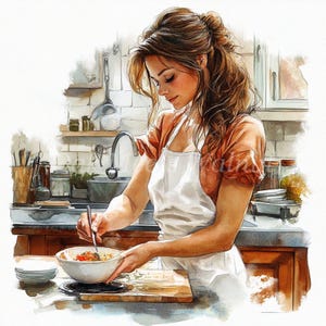 Watercolor Woman Cooking Clipart Set: Kitchen Art (Digital Download)