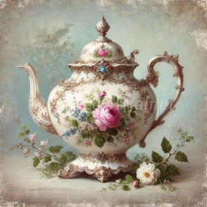 Shabby Chic Teapot with Flowers Clipart Bundle- 10 High Quality Watercolor JPGs Junk Journaling, Scrapbook, Digital Download Paper Craft
