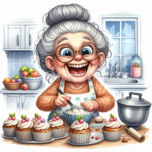 May include: A cartoon illustration of a smiling elderly person with glasses, mixing batter in a blue bowl. Several cupcakes with white frosting and berries are on plates in front of the person. A pot, rolling pin, and bowl of fruit are also visible.