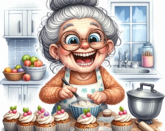 Funny Granny Baking Clipart: Watercolor Cookie Images (Digital Download)