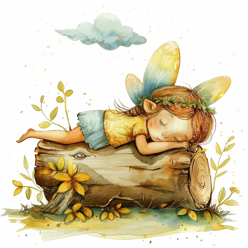 Fairy Sleeping on Log Clipart Bundle: Watercolor Illustrations (digital ...