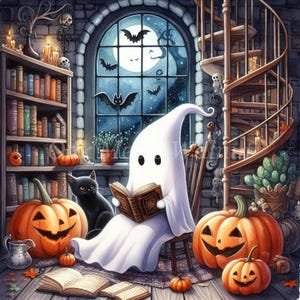 Pode incluir: Um fantasma branco vestindo um lençol senta-se em uma cadeira de madeira lendo um livro. O fantasma está em uma sala com uma escada em espiral, uma estante de livros e abóboras. A sala está decorada para o Halloween.