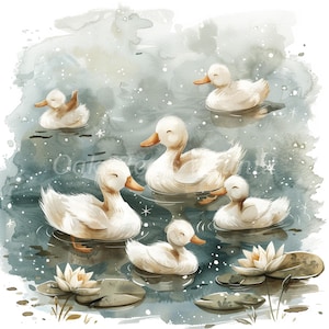Puede incluir: Una pintura de acuarela de seis patos blancos nadando en un estanque con nenúfares. Los patos están en varias posiciones, algunos mirando al espectador y otros mirando hacia atrás. El agua es de color azul claro y los nenúfares son verdes.