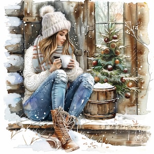 Woman in Winter Clipart Bundle- 10 High Quality Watercolor JPGs, Scrapbook Graphics, Sublimation, Printable, Digital download, Junk Journal