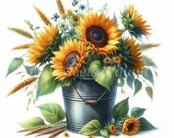 Könnte beinhalten: Ein Strauß Sonnenblumen, Weizen und anderer Wildblumen in einem verzinkten Metalleimer. Die Sonnenblumen sind leuchtend gelb mit dunkelbraunen Zentren. Der Weizen ist goldbraun und die Wildblumen sind in verschiedenen Farben.