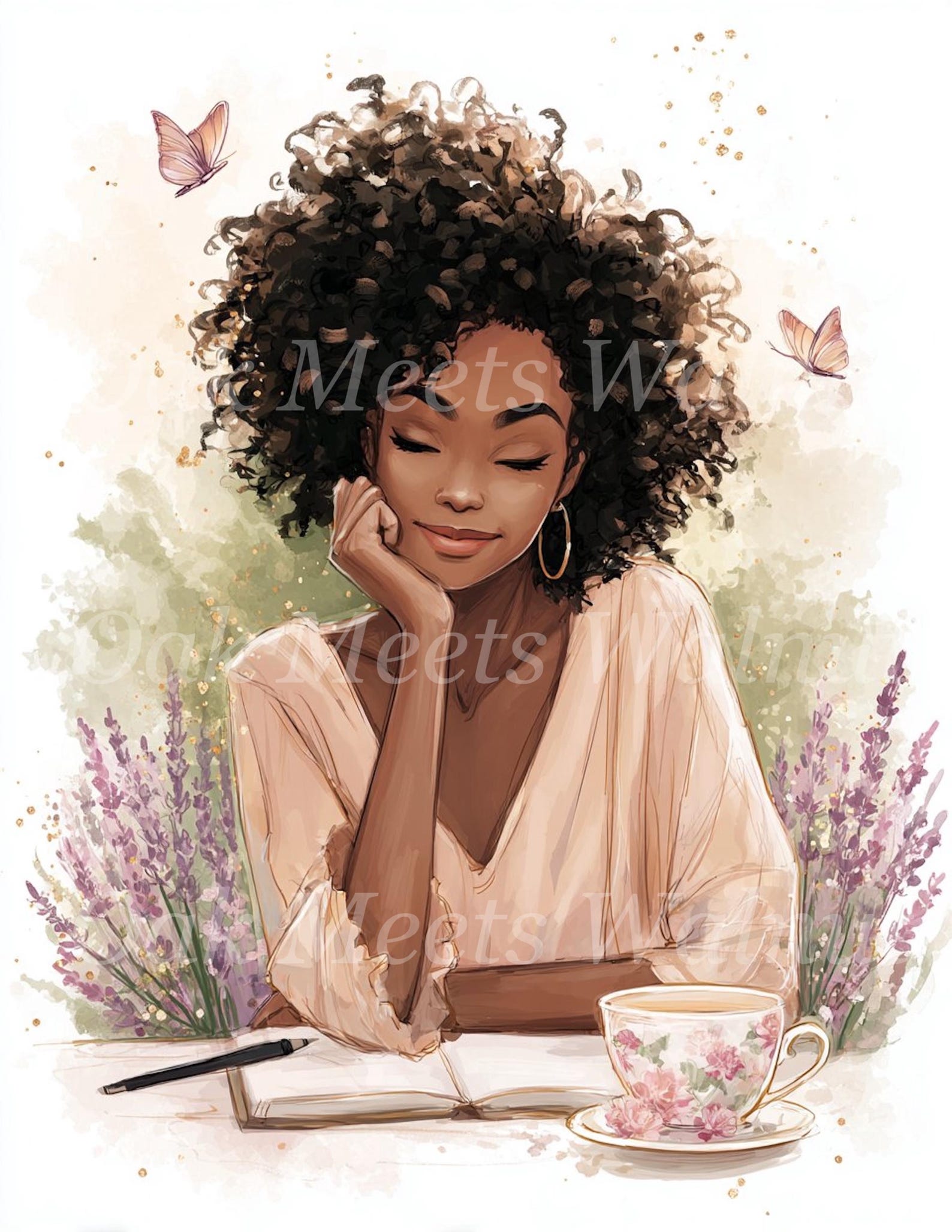 Watercolor African American Woman Journaling Clipart: Scrapbook ...