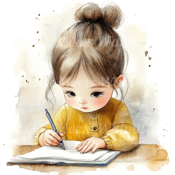 絵画　少女　水彩画 水彩画を学ぶ少女：印刷可能なクリップアートバンドル（デジタル