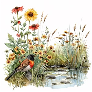 Bird & Wildflowers Clipart Bundle- 10 High Quality Watercolor JPGs, Robin Sublimation, Printable Images, Digital download, Paper Craft