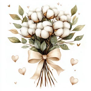Pacote de clipart de buquê de flores de algodão - 10 JPGs de aquarela de alta qualidade, artesanato em papel, download de paisagens digitais, álbum de recortes, diário de lixo