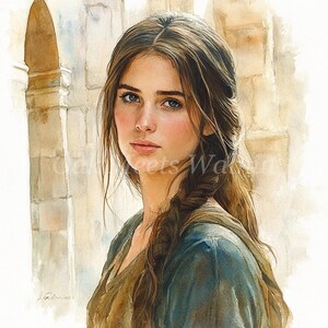 May include: A painting of a woman with long brown hair, wearing a blue and brown dress. She is looking at the viewer with a soft expression. The background is a light brown color.