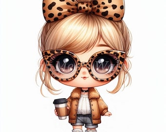 Clipart de acuarela de chica elegante: Lazo de leopardo y café (Descarga digital)