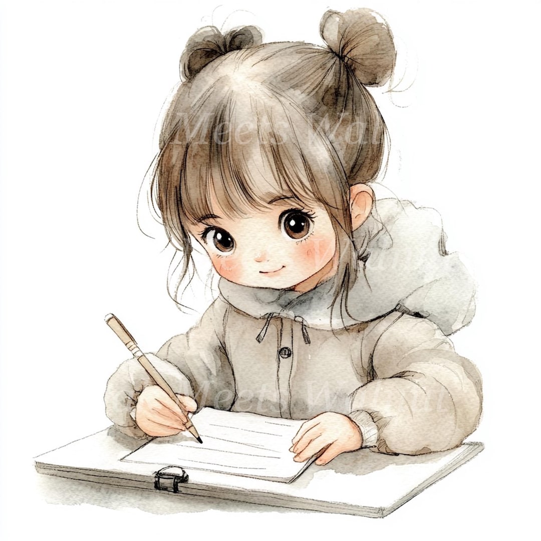 水彩画を学ぶ少女：印刷可能なクリップアートバンドル（デジタル