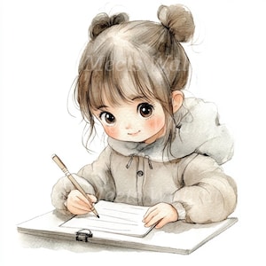 May include: Watercolor illustration of a young person with brown hair in two buns, wearing a light gray coat, writing on a white pad with a pen. The image has a soft, gentle aesthetic.