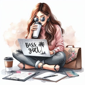 Boss Girl - 10 fichiers JPG aquarelles de haute qualité, Fashion Girl, Téléchargement numérique, Créations en papier, Carnet de bord, Utilisation commerciale, Images imprimables