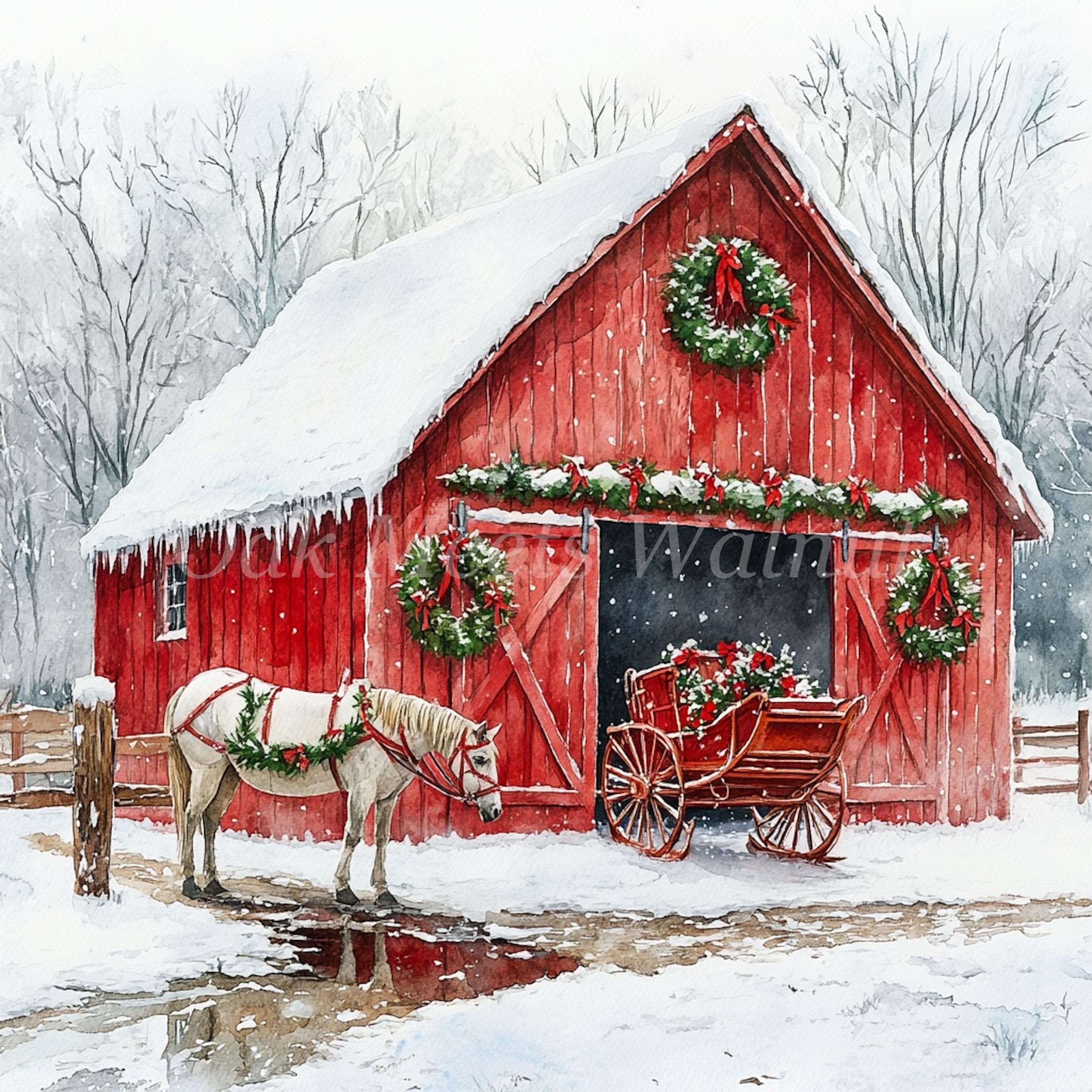 Watercolor Winter Barn Horse Clipart: Holiday JPG Bundle (digital ...