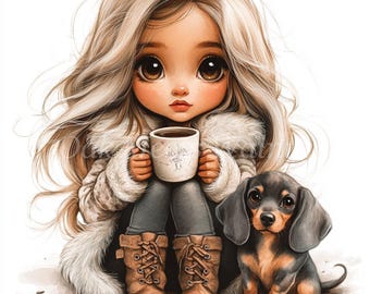 Girl with Puppy Clipart Bundle- 10 High Quality Watercolor JPGs, Best Friends, Scrapbook, Sublimation, Printable, Digital download