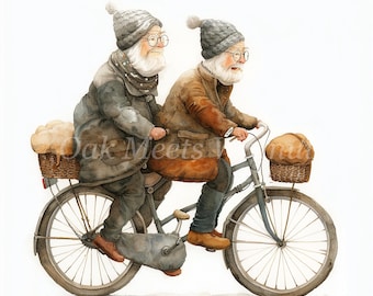 Old Couple Bicycling Watercolor Clipart Bundle (Digital Download)