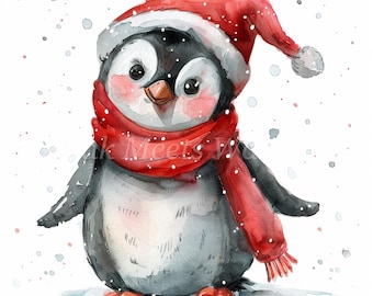 Christmas Penguin Watercolor Clipart Bundle: Holiday JPG Images (Digital Download)