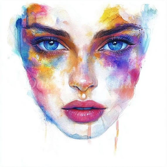 水彩画の女性の顔アート：印刷可能なイラスト（デジタルダウンロード