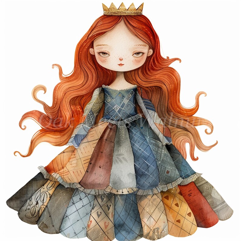 Patchwork Princess Watercolor Clipart: Quilt Fabric Illustrations ...