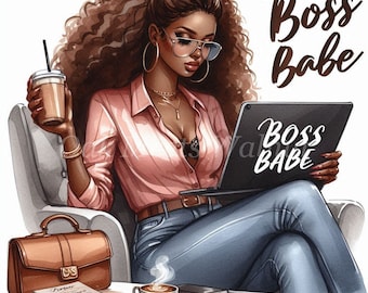 May include: A woman with curly brown hair sits in a chair with a laptop and a cup of coffee. She is wearing a pink shirt, blue jeans, and glasses. The laptop screen says "Boss Babe" and there is a heart with the words "Boss Babe" above her head.