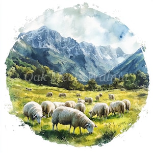 Puede incluir: Una pintura de acuarela de un rebaño de ovejas pastando en un prado verde con montañas cubiertas de nieve en el fondo.