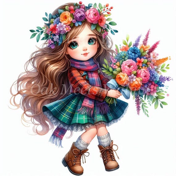 フラワーガールのクリップアートバンドル：水彩ブーケのイラスト