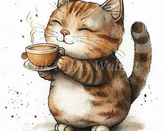 水彩画のコーヒーを飲む猫のクリップアートバンドル（デジタルダウンロード）
