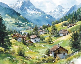 Landquart, Graubunden Swiss Landscape Clipart Bundle- 10 JPGs de acuarela de alta calidad Descarga digital, Artesanía de papel, Diario basura, Álbum de recortes