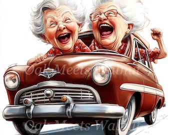 Funny Old Ladies in the Car Clipart – Vintage Christmas Images (Digital Download)