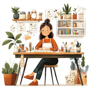 Può includere: Illustrazione di una persona seduta a una scrivania, sorridente, che lavora a un progetto artigianale. La scrivania è circondata da piante, materiali artistici e una mensola con altre piante e una sveglia. La persona indossa un maglione arancione, un grembiule bianco e pantaloni scuri.