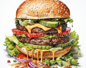 Ensemble de cliparts pour hamburgers savoureux - 10 fichiers JPG de haute qualité, images imprimables, scrapbooking, sublimation, téléchargement numérique, créations en papier, hamburger