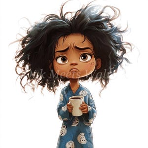 Clipart de café matutino: Chica en pijama (descarga digital)