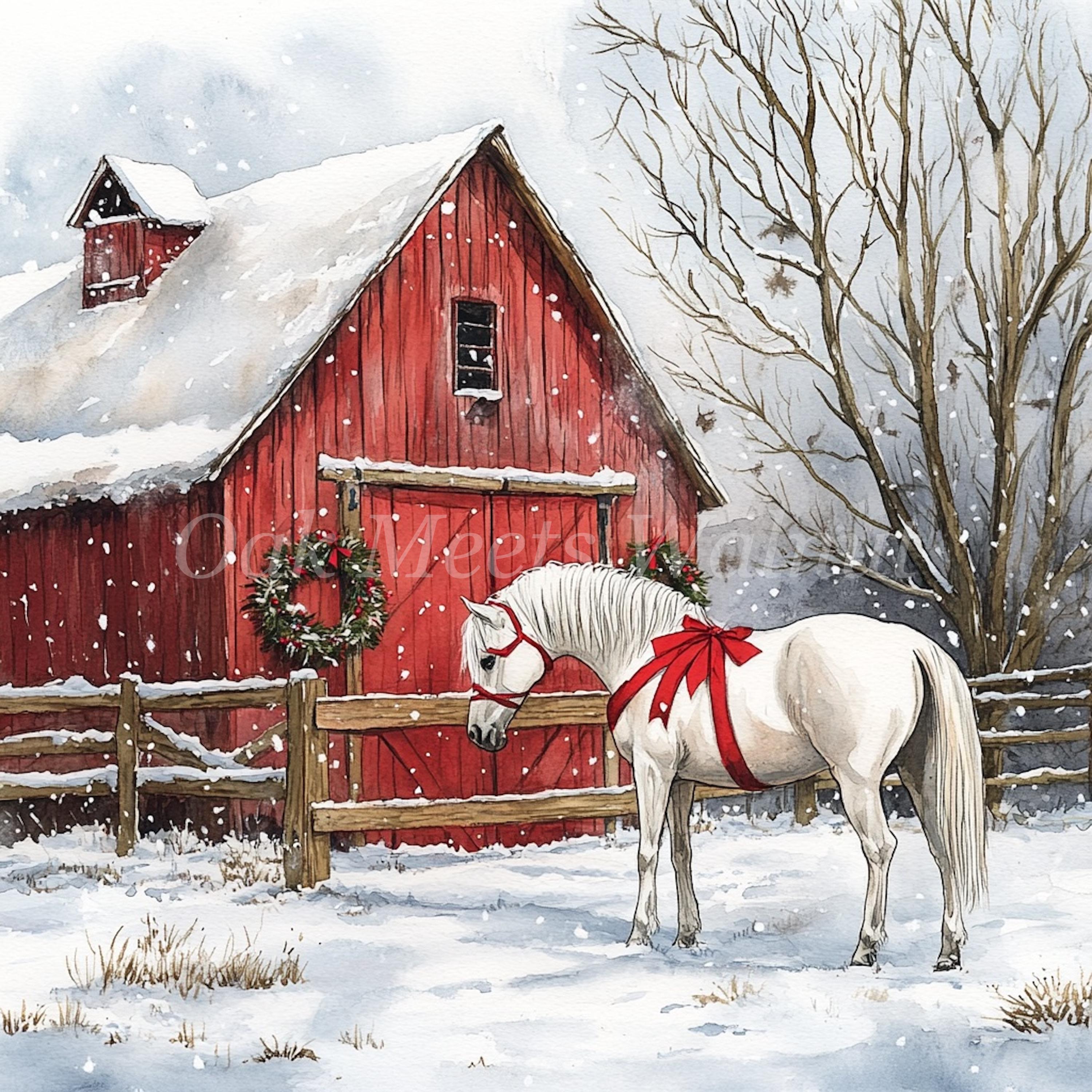 Watercolor Winter Barn Horse Clipart: Holiday JPG Bundle (digital ...
