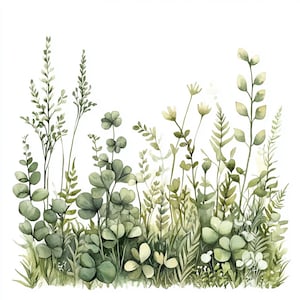 May include: Watercolor painting of a variety of green plants and leaves, including clover, ferns, and other foliage. The plants are arranged in a cluster, creating a lush and natural scene.